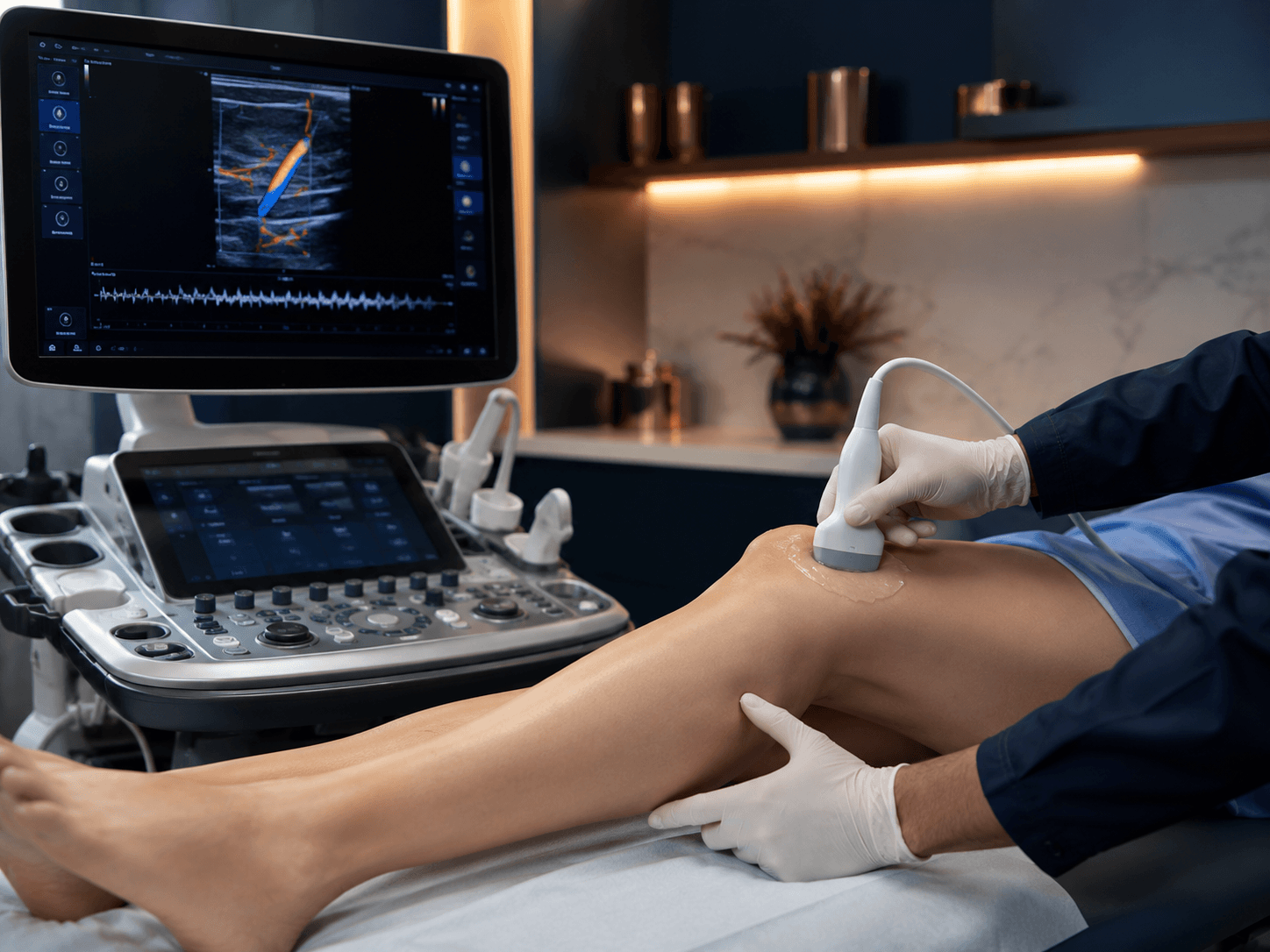 Equipamento de ultrassom Doppler vascular durante exame para avaliação da circulação venosa e arterial
